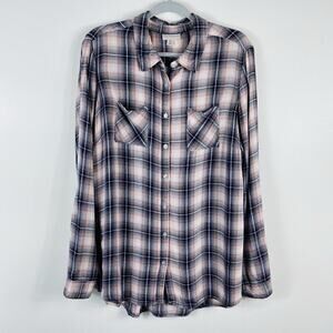 Dressbarn Plus Size 1X Plaid Long Sleeve Top Navy Blue Pink